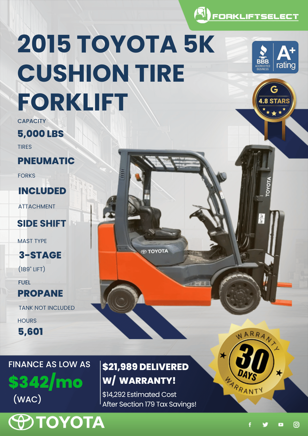 2015 TOYOTA 5K CUSHION TIRE FORKLIFT