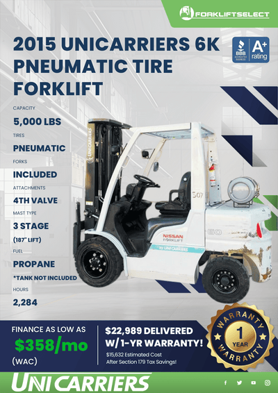 2015 UNICARRIERS 6K PNEUMATIC TIRE FORKLIFT