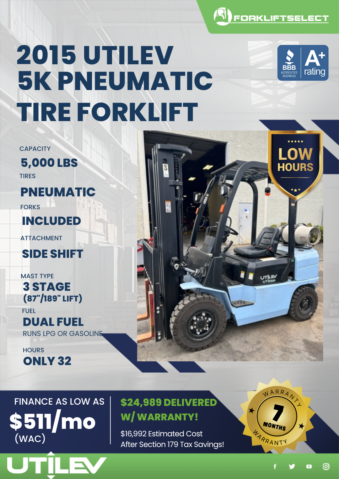 2015 UTILEV 5K PNEUMATIC TIRE FORKLIFT