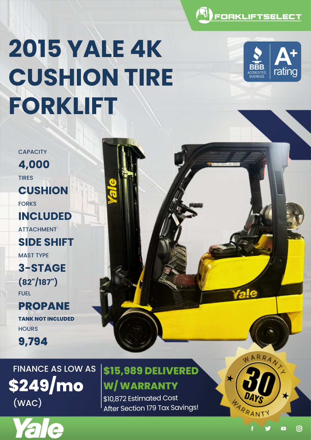 2015 YALE 4K CUSHION TIRE FORKLIFT