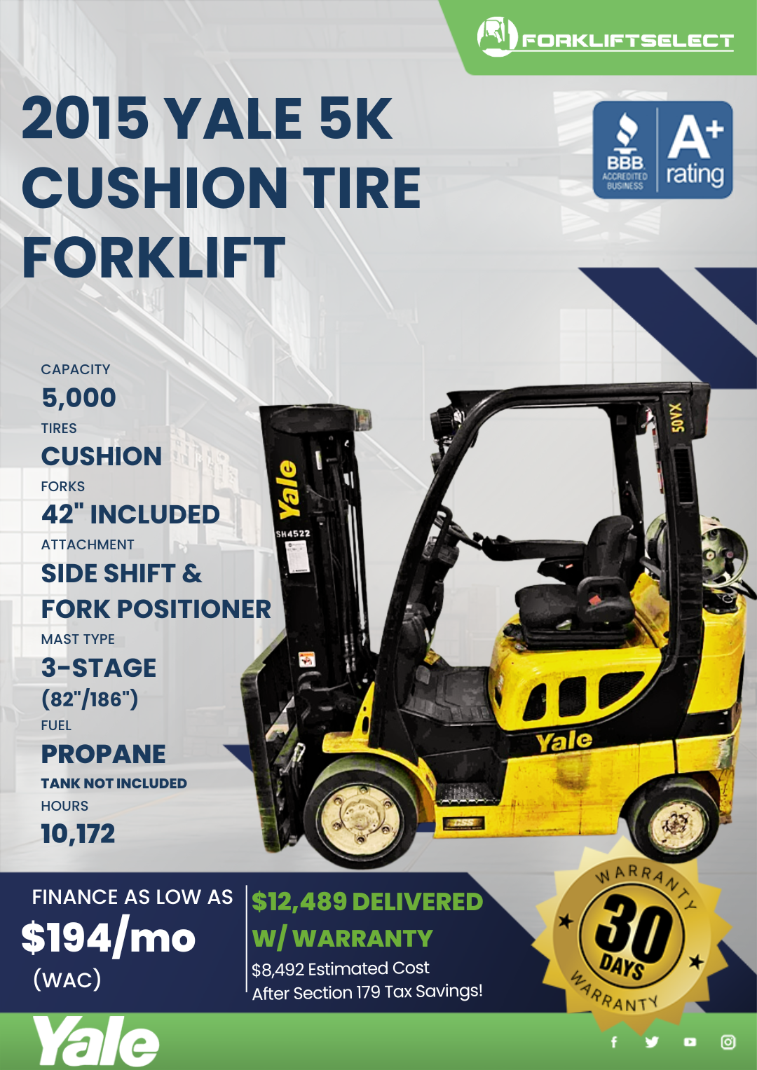 2015 YALE 5K CUSHION TIRE FORKLIFT