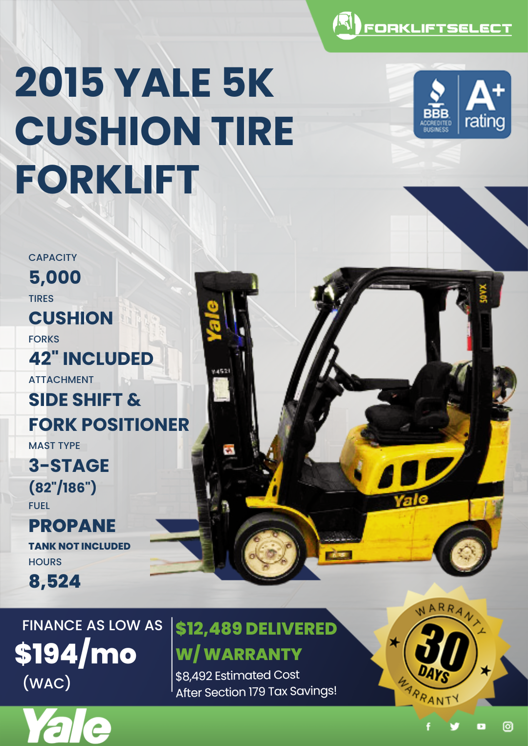 2015 YALE 5K CUSHION TIRE FORKLIFT