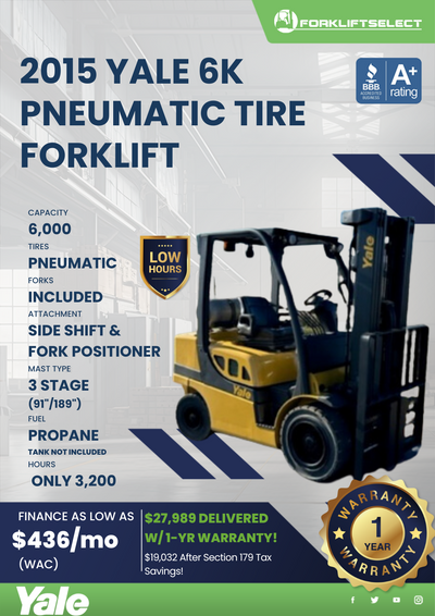 2015 YALE 6K PNEUMATIC TIRE FORKLIFT