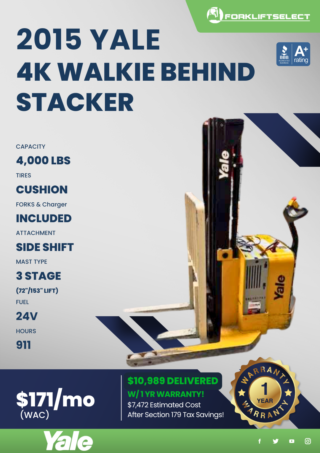 2015 YALE 4K WALK BEHIND STACKER