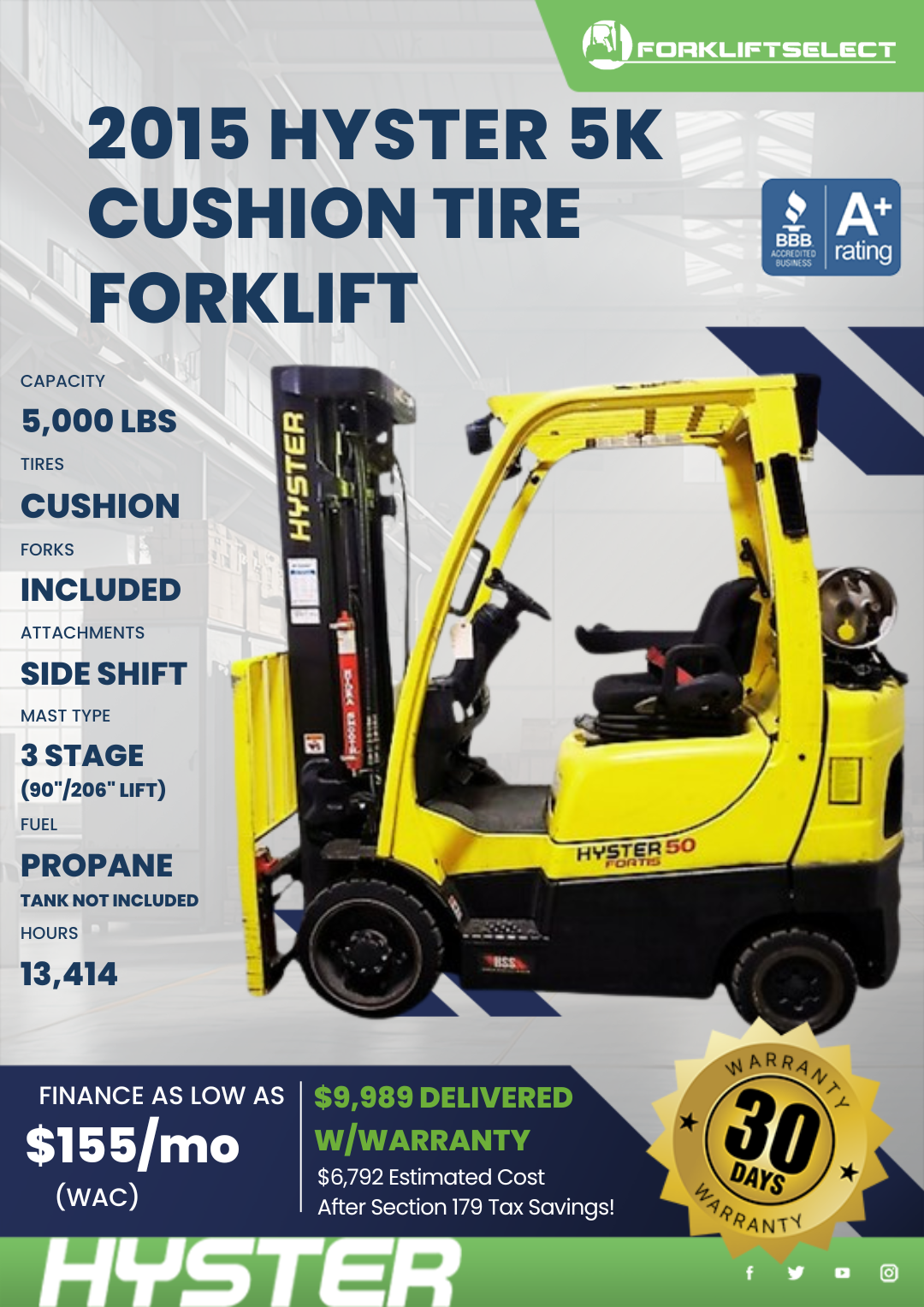 2015 HYSTER 5K CUSHION TIRE FORKLIFT