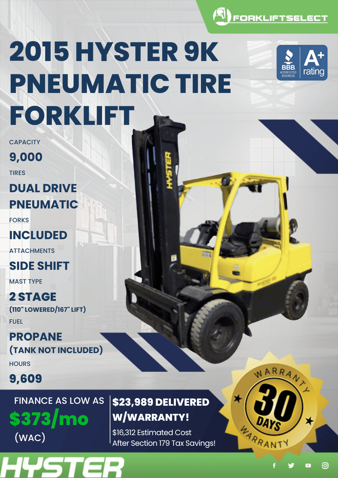 2015 HYSTER 9K PNEUMATIC TIRE FORKLIFT