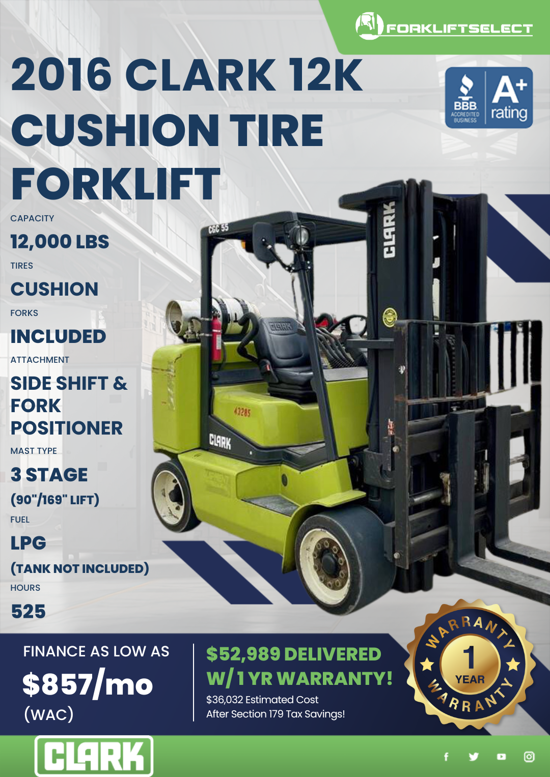 2016 CLARK 12K CUSHION TIRE FORKLIFT