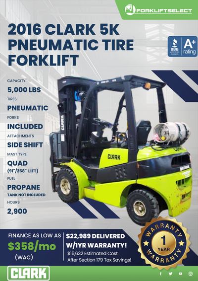 2016 CLARK 5K PNEUMATIC TIRE FORKLIFT