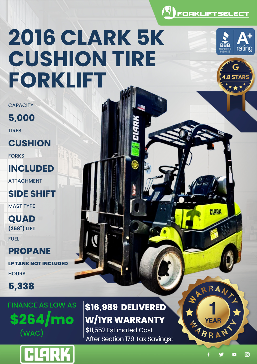 2016 CLARK 5K CUSHION TIRE FORKLIFT