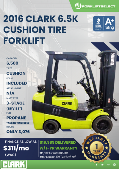 2016 CLARK 6.5K CUSHION TIRE FORKLIFT