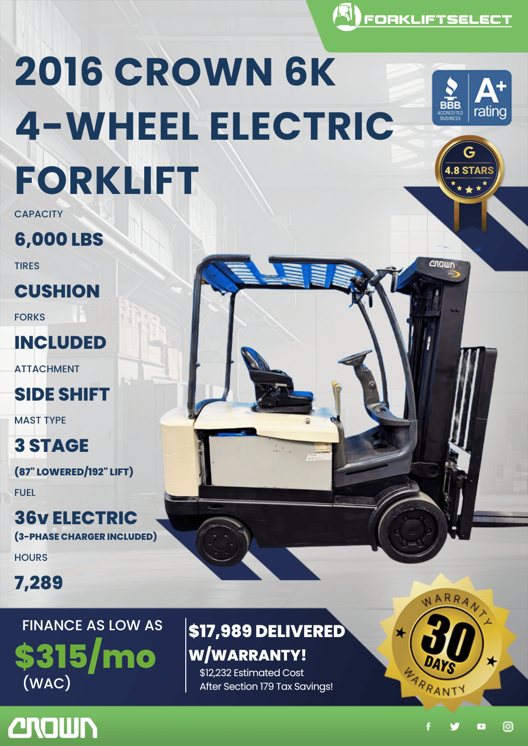 2016 CROWN 6K 4- WHEEL ELECTRIC FORKLIFT