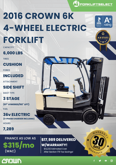 2016 CROWN 6K 4- WHEEL ELECTRIC FORKLIFT