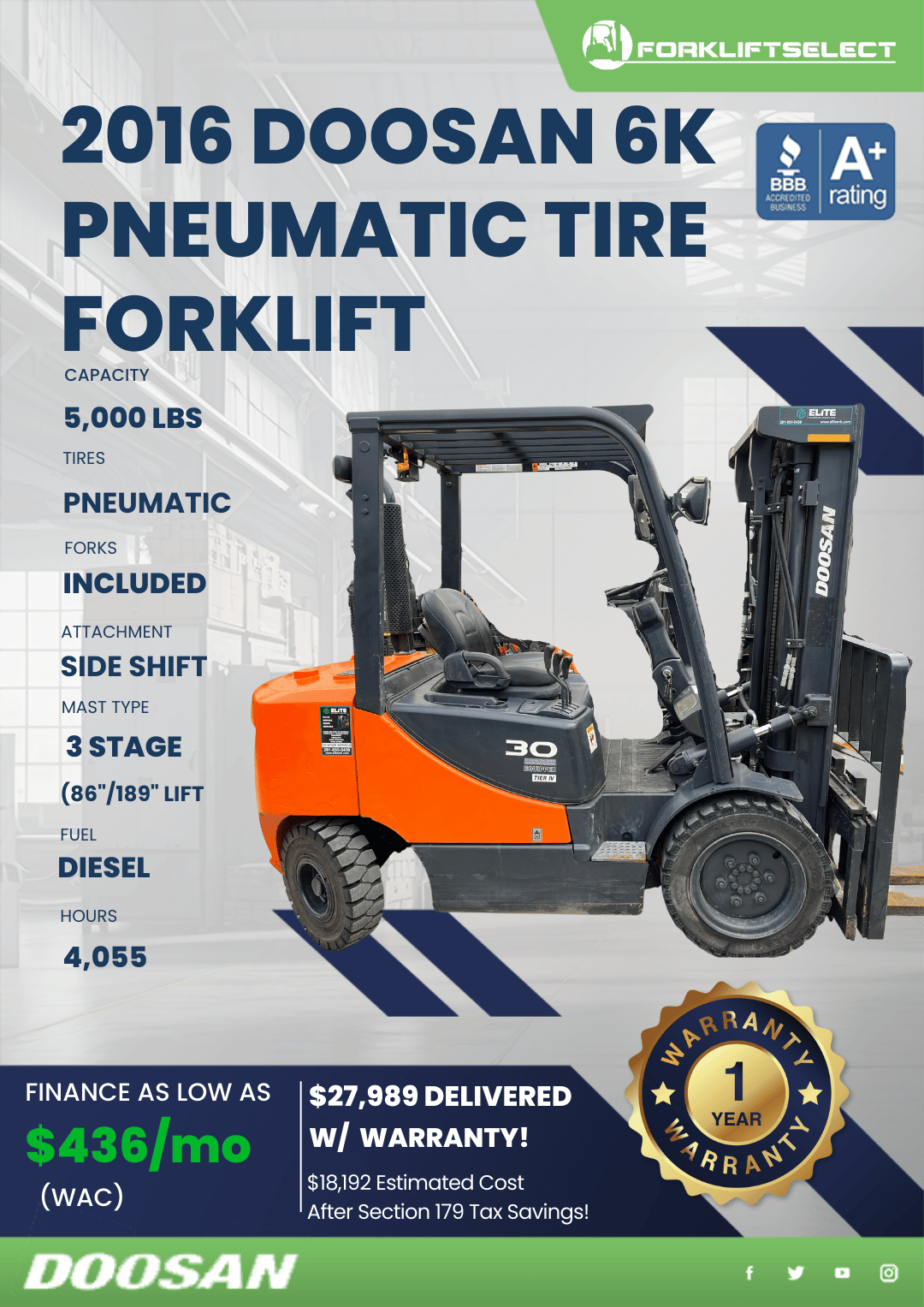 2016 DOOSAN 6K PNEUMATIC TIRE FORKLIFT