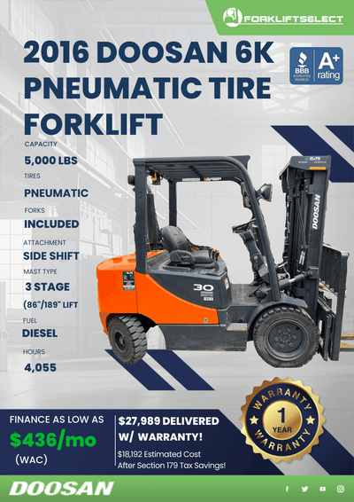 2016 DOOSAN 6K PNEUMATIC TIRE FORKLIFT