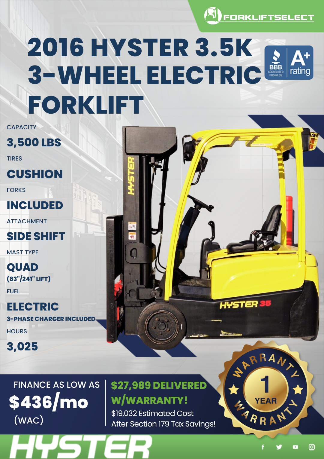 2016 HYSTER 3.5K 3-WHEEL ELECTRIC FORKLIFT