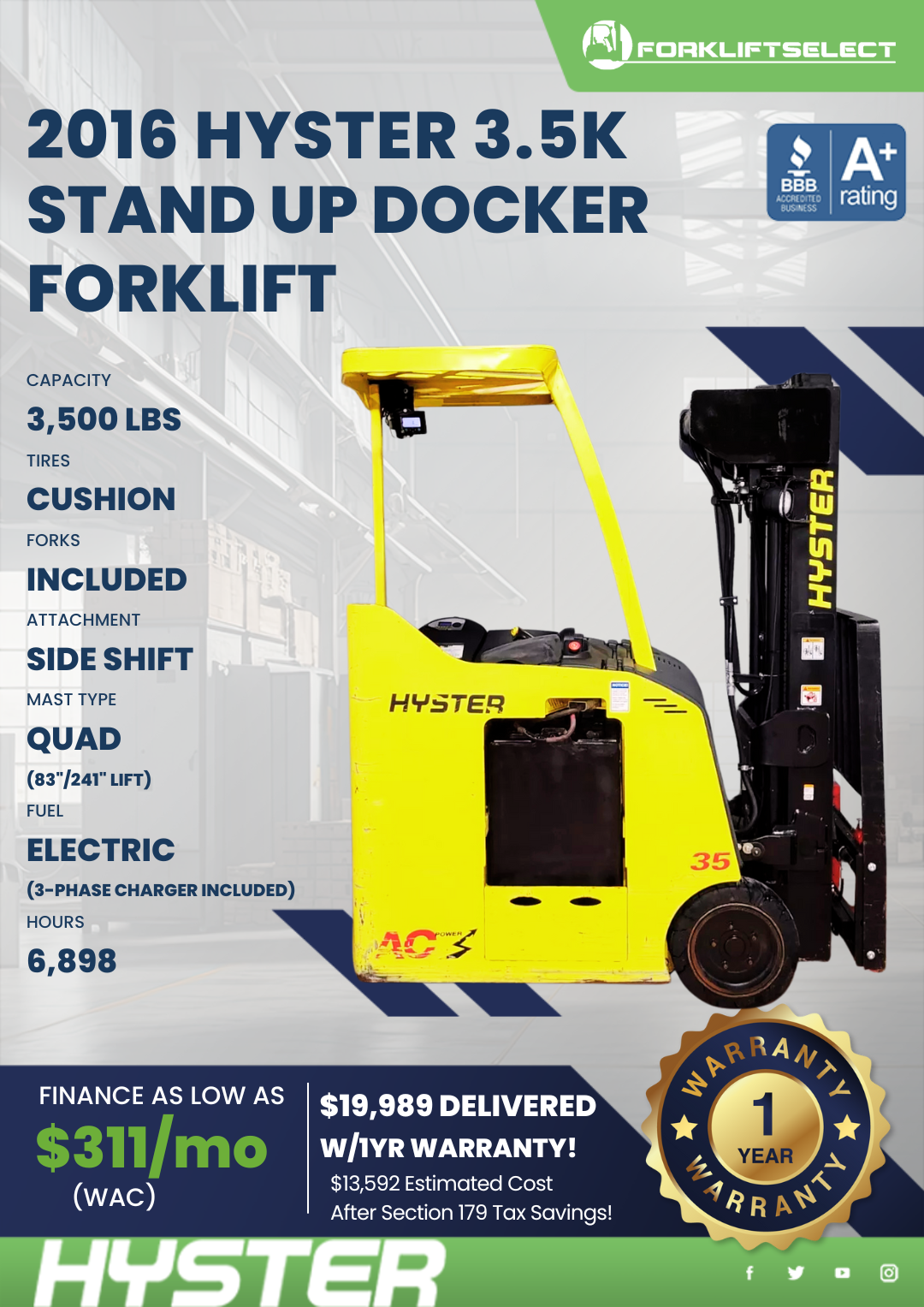 2016 HYSTER 3.5K STAND UP DOCKER FORKLIFT