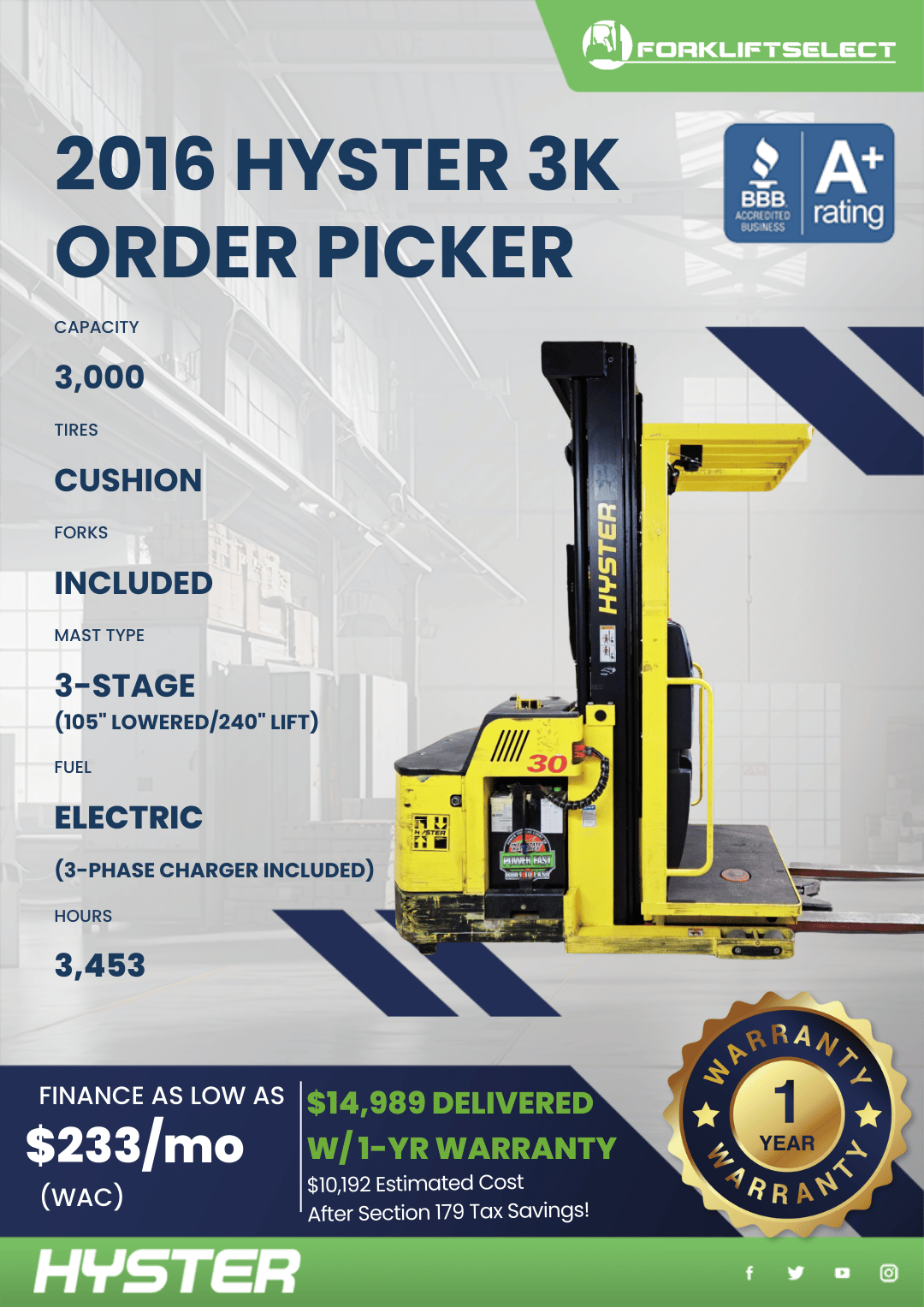 2016 HYSTER 3K ORDER PICKER