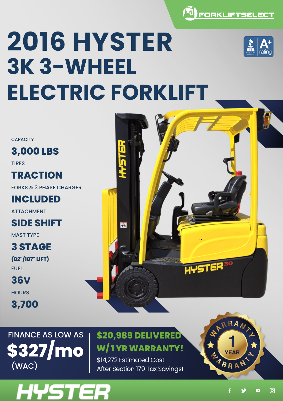 2016 HYSTER 3K 3-WHEEL ELECTRIC FORKLIFT