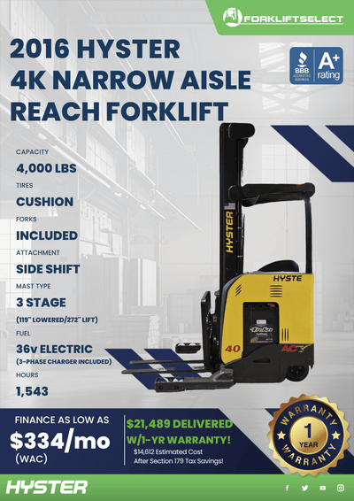 2016 HYSTER 4K NARROW AISLE REACH FORKLIFT