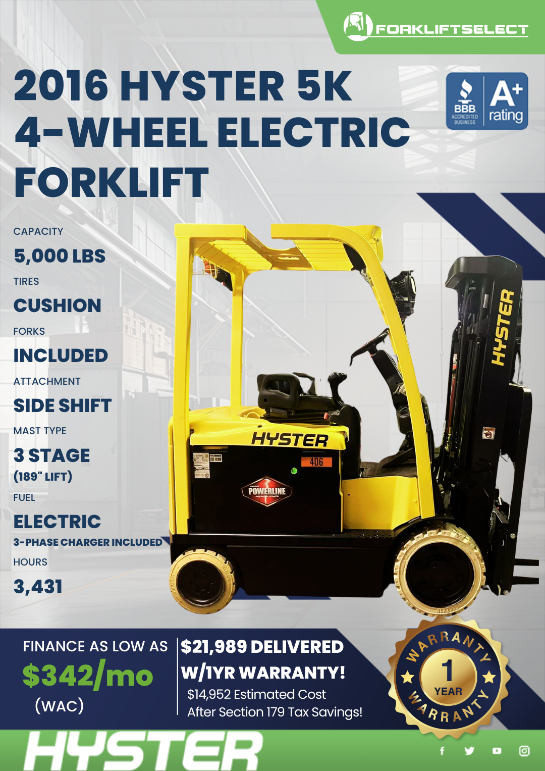 2016 HYSTER 5K 4- WHEEL ELECTRIC FORKLIFT