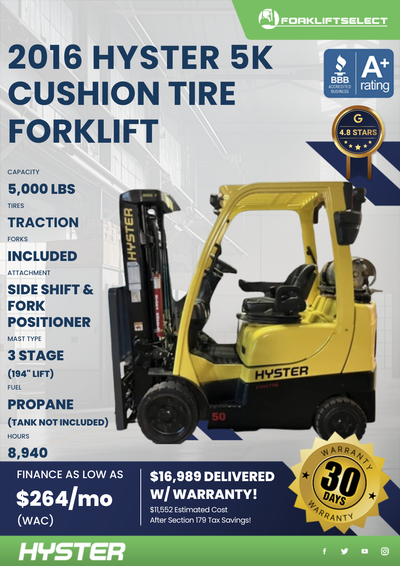2016 HYSTER 5K CUSHION TIRE FORKLIFT