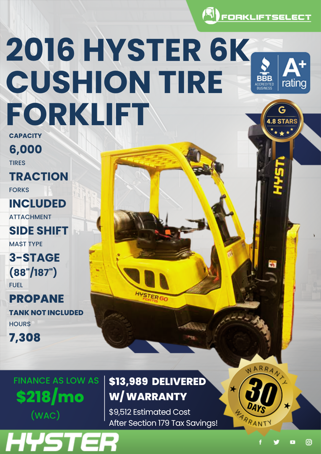 2016 HYSTER 6K CUSHION TIRE FORKLIFT
