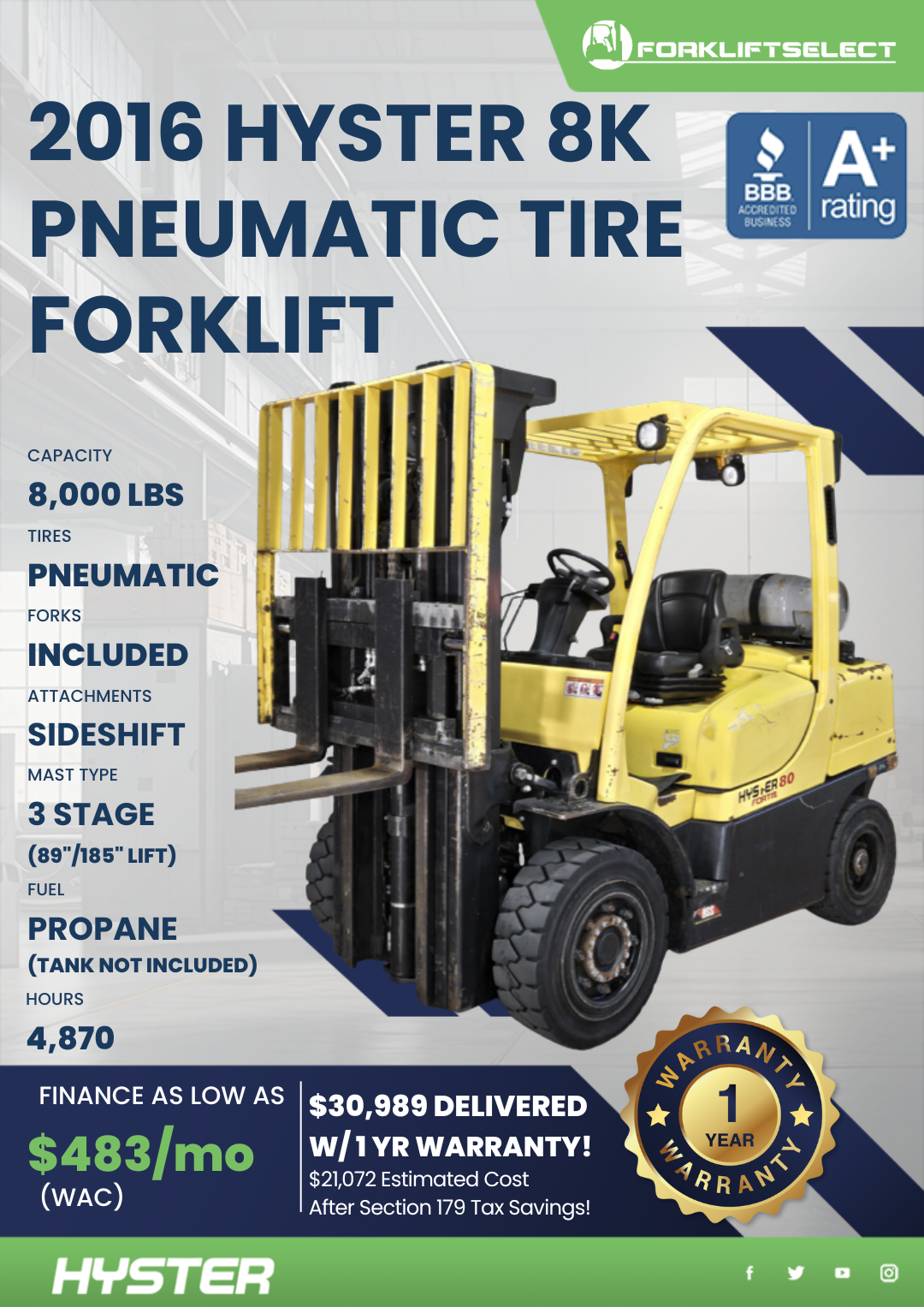 2016 HYSTER 8K PNEUMATIC TIRE FORKLIFT