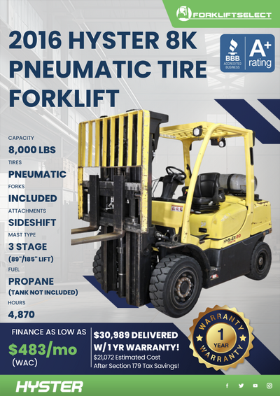 2016 HYSTER 8K PNEUMATIC TIRE FORKLIFT