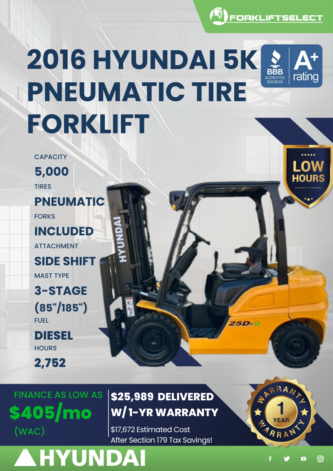 2016 HYUNDAI 5K PNEUMATIC TIRE FORKLIFT