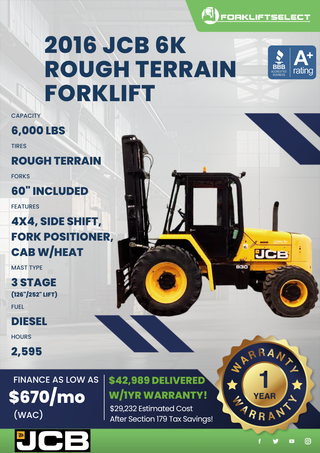 2016 JCB 6K ROUGH TERRAIN FORKLIFT