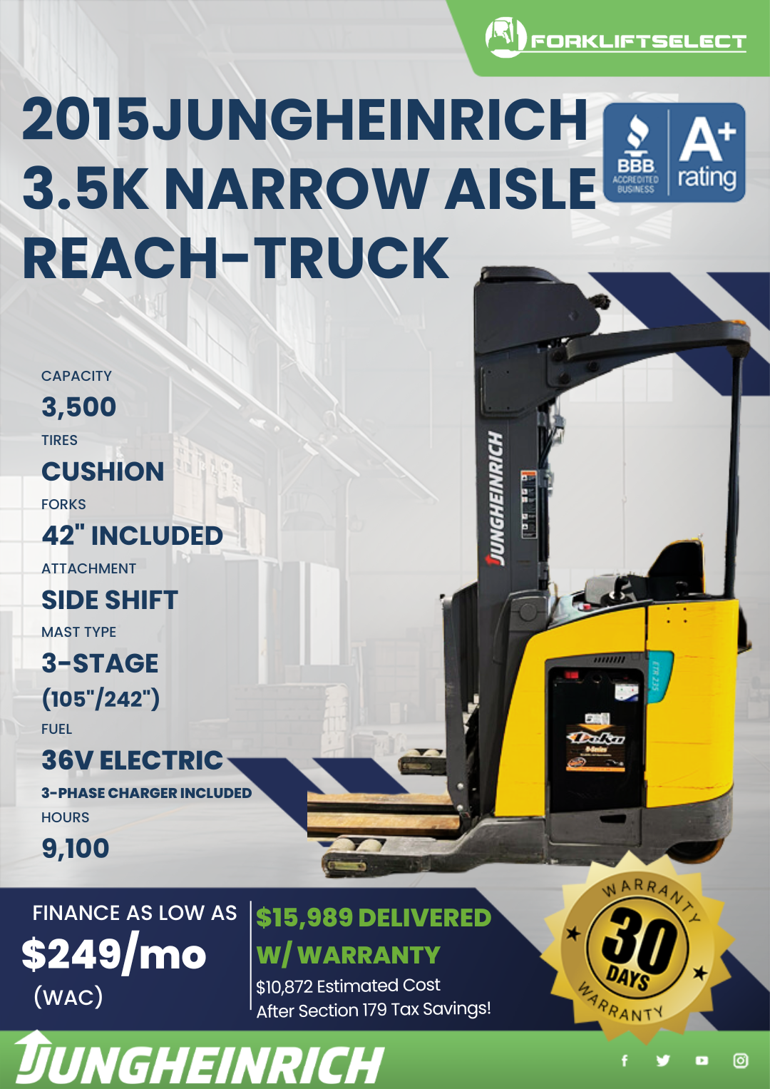 2015 JUNGHEINRICH 3.5K NARROW AISLE REACH-TRUCK