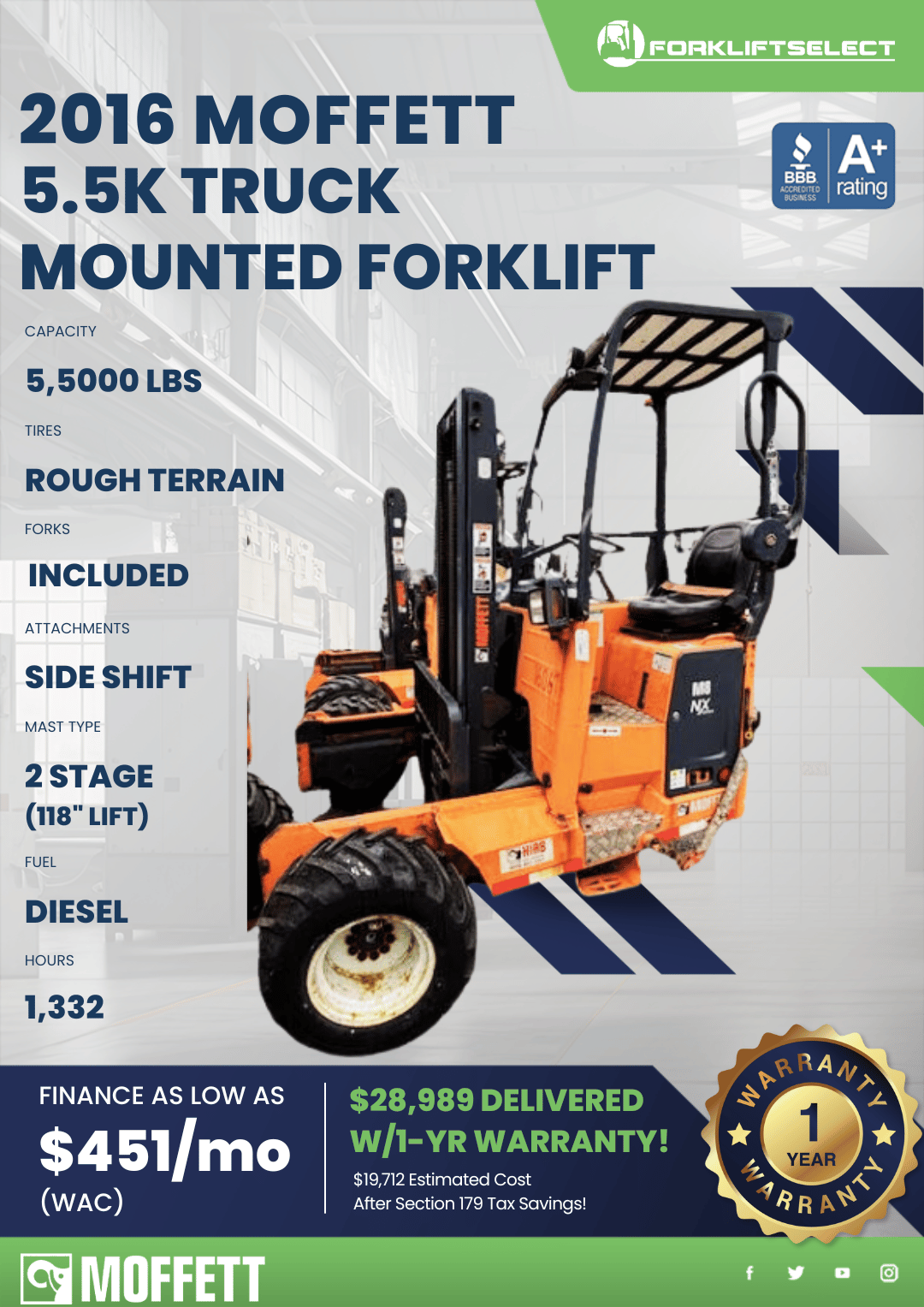 2016 MOFFETT 5.5K TRUCK MOUNTED FORKLIFT