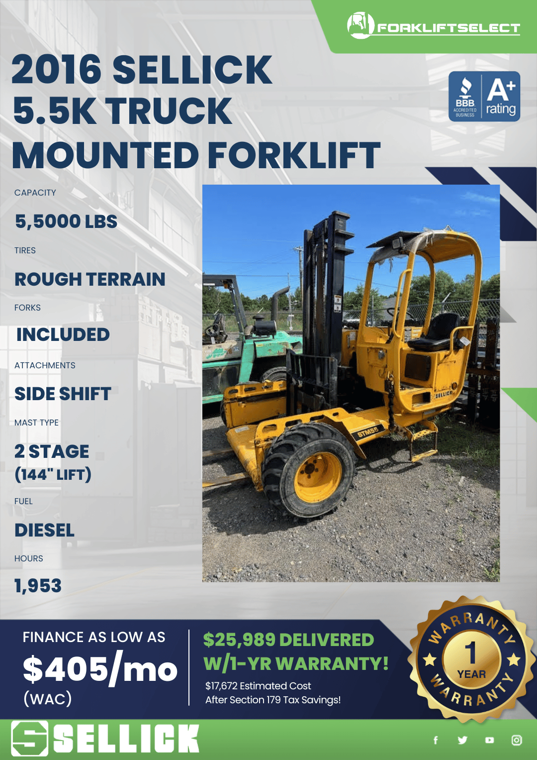 2016 SELLICK 5.5K TRUCK MOUNTED FORKLIFT