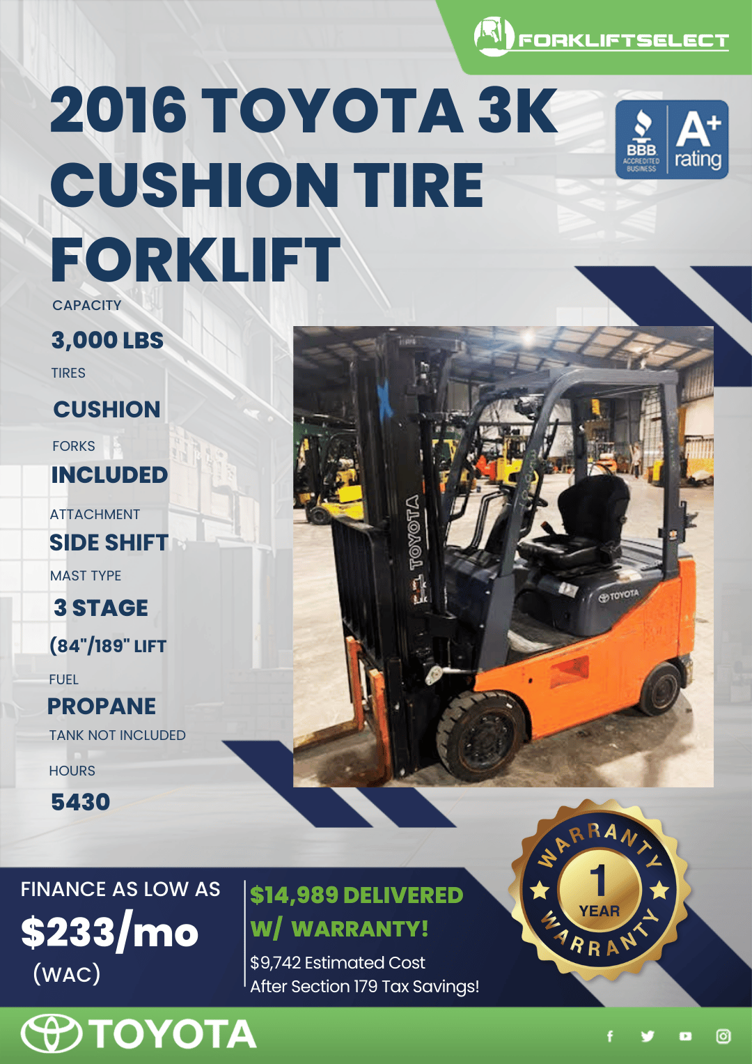 2016 TOYOTA 3K CUSHION TIRE FORKLIFT