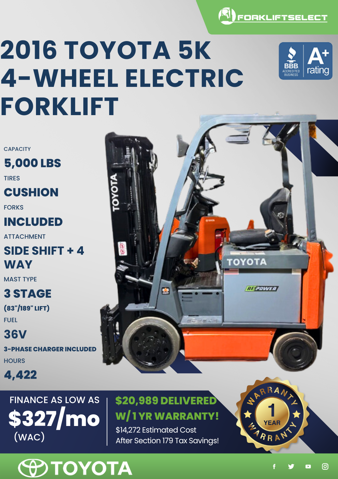 2016 TOYOTA 5K 4-WHEEL ELECTRIC FORKLIFT
