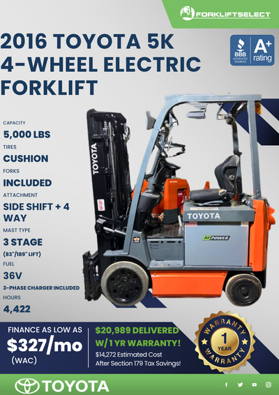 2016 TOYOTA 5K 4-WHEEL ELECTRIC FORKLIFT