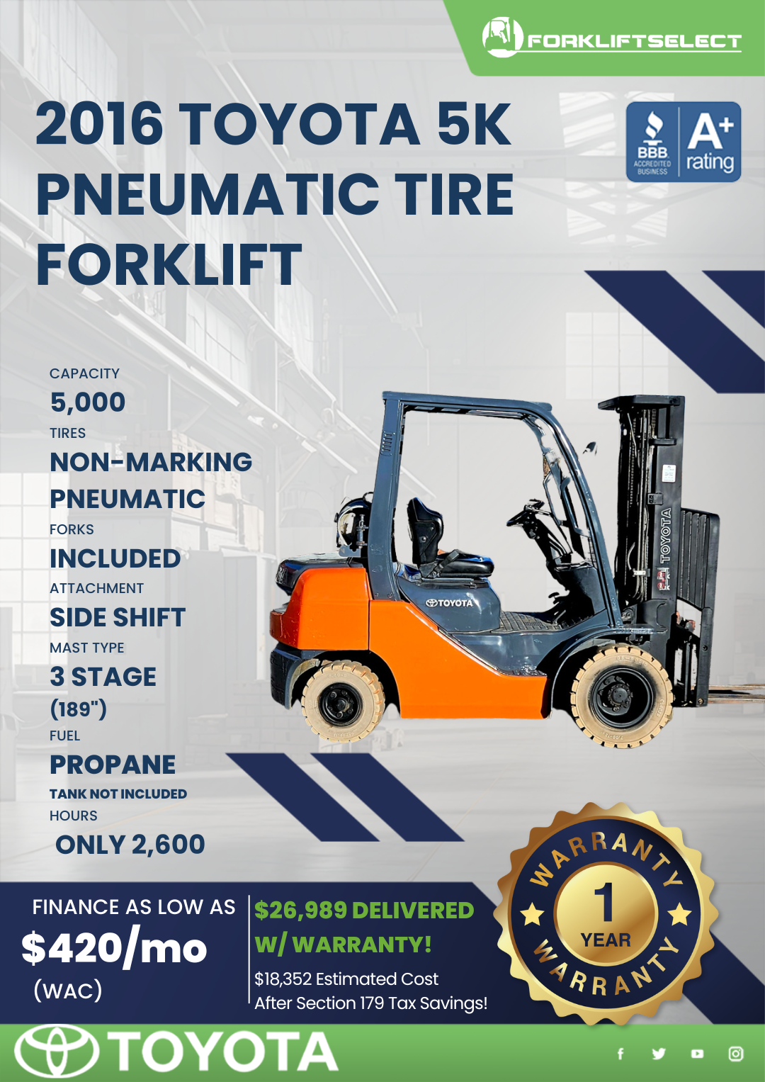 2016 TOYOTA 5K PNEUMATIC TIRE FORKLIFT