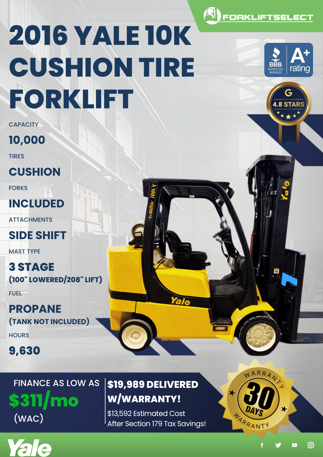 2016 YALE 10K CUSHION TIRE FORKLIFT