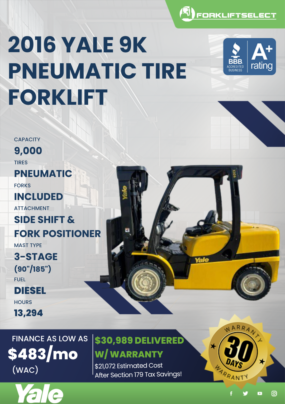 2016 YALE 9K PNEUMATIC TIRE FORKLIFT