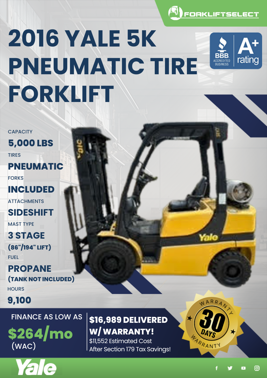 2016 YALE 5K PNEUMATIC TIRE FORKLIFT