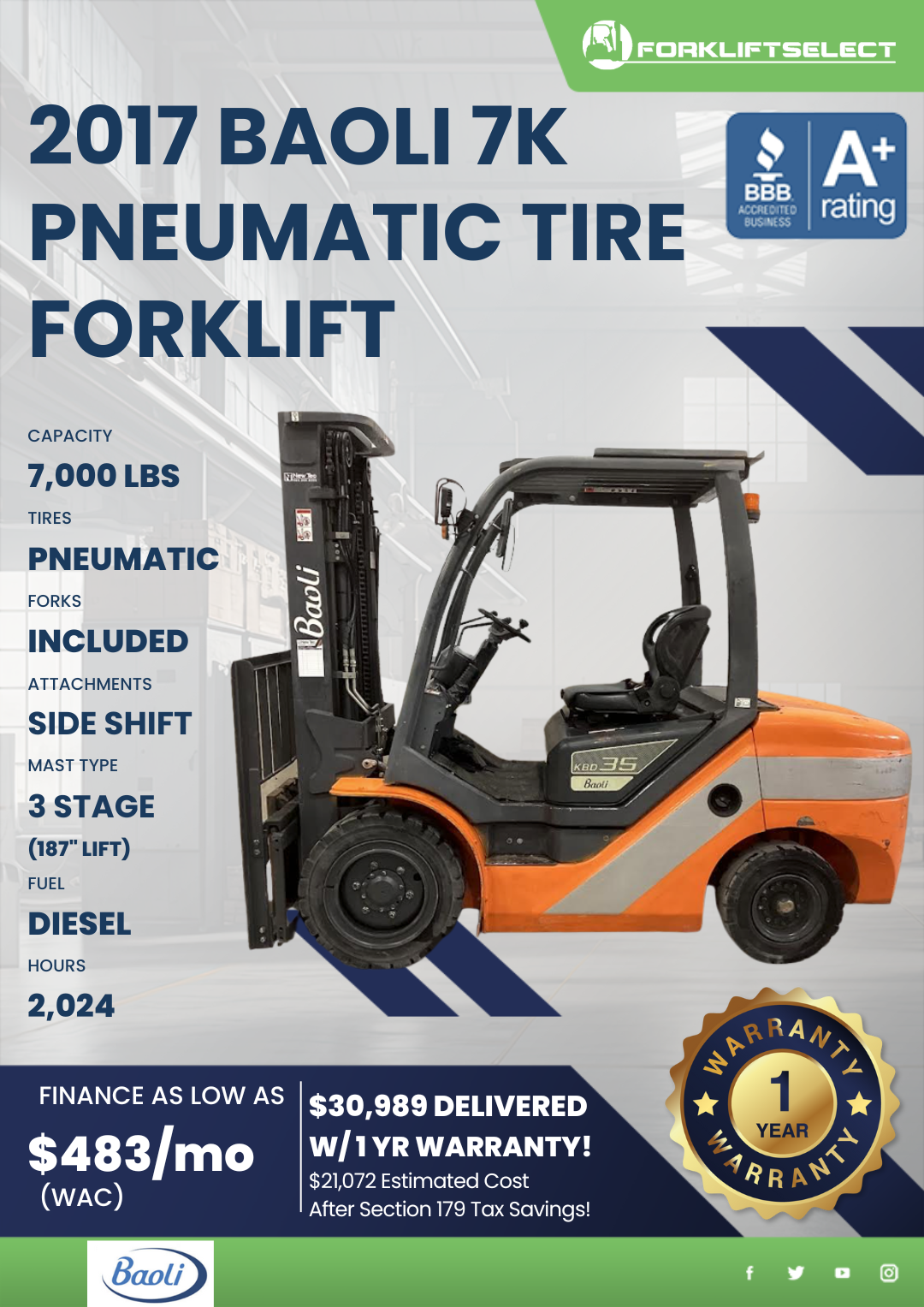 2017 BAOLI 7K PNEUMATIC TIRE FORKLIFT