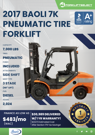 2017 BAOLI 7K PNEUMATIC TIRE FORKLIFT