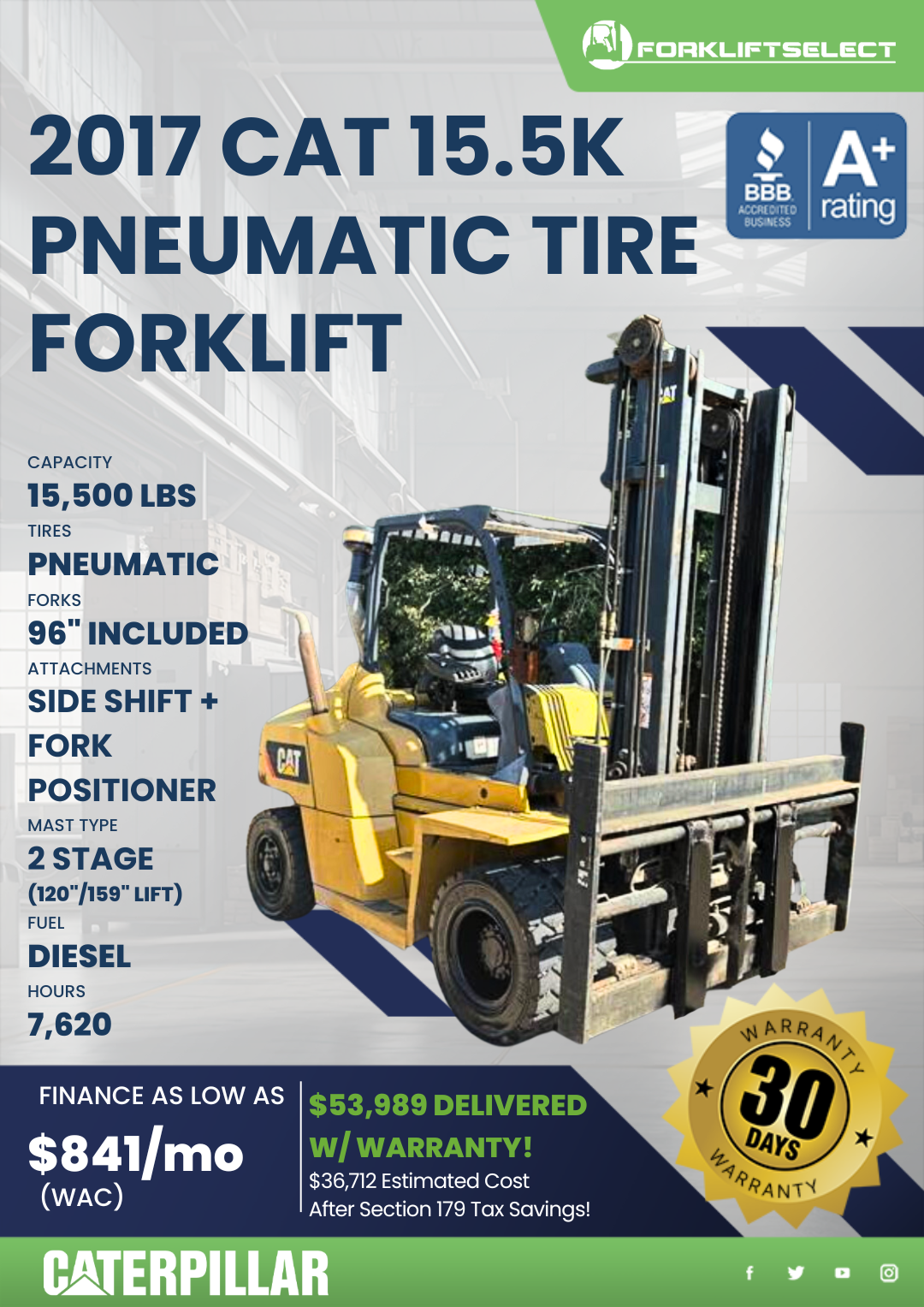 2017 CAT 15.5K PNEUMATIC TIRE FORKLIFT