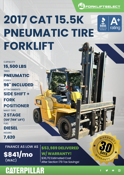 2017 CAT 15.5K PNEUMATIC TIRE FORKLIFT