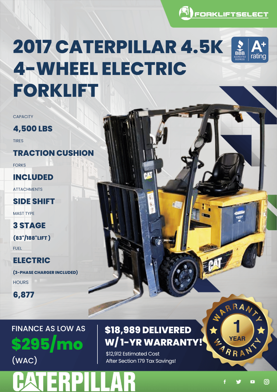 2017 CATERPILLAR 4.5K 4-WHEEL ELECTRIC FORKLIFT