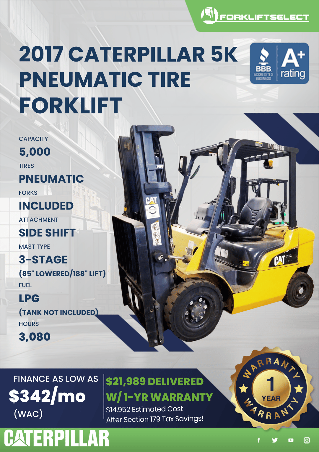 2017 CATERPILLAR 5K PNEUMATIC TIRE FORKLIFT