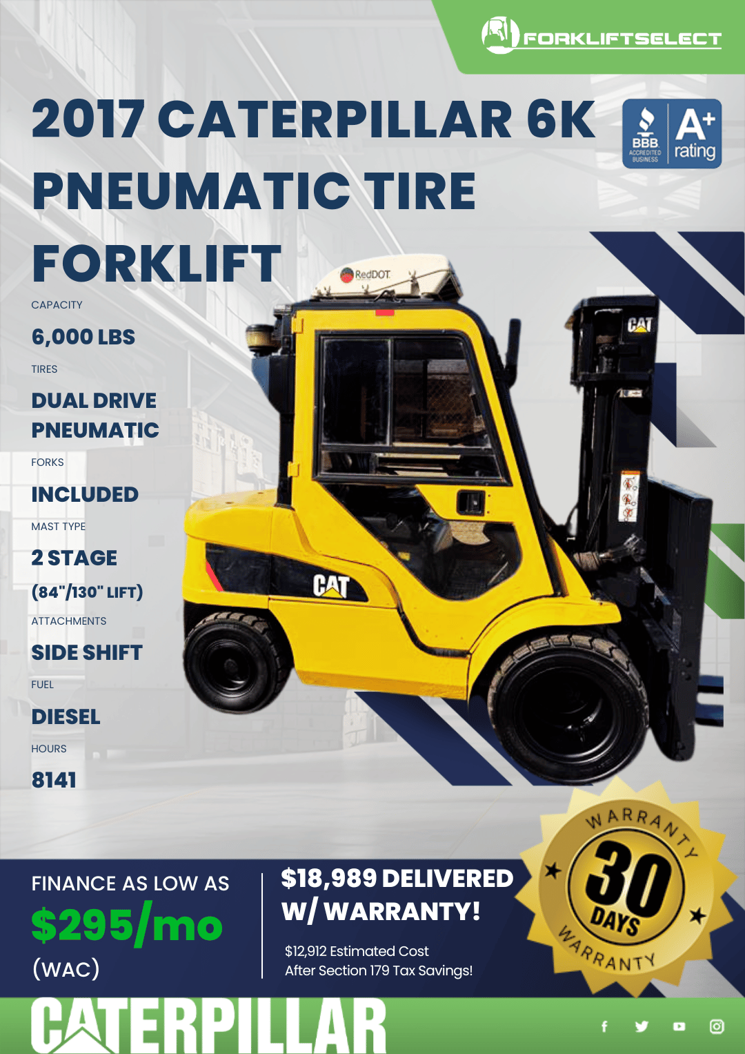2017 CATERPILLAR 6K PNEUMATIC TIRE FORKLIFT