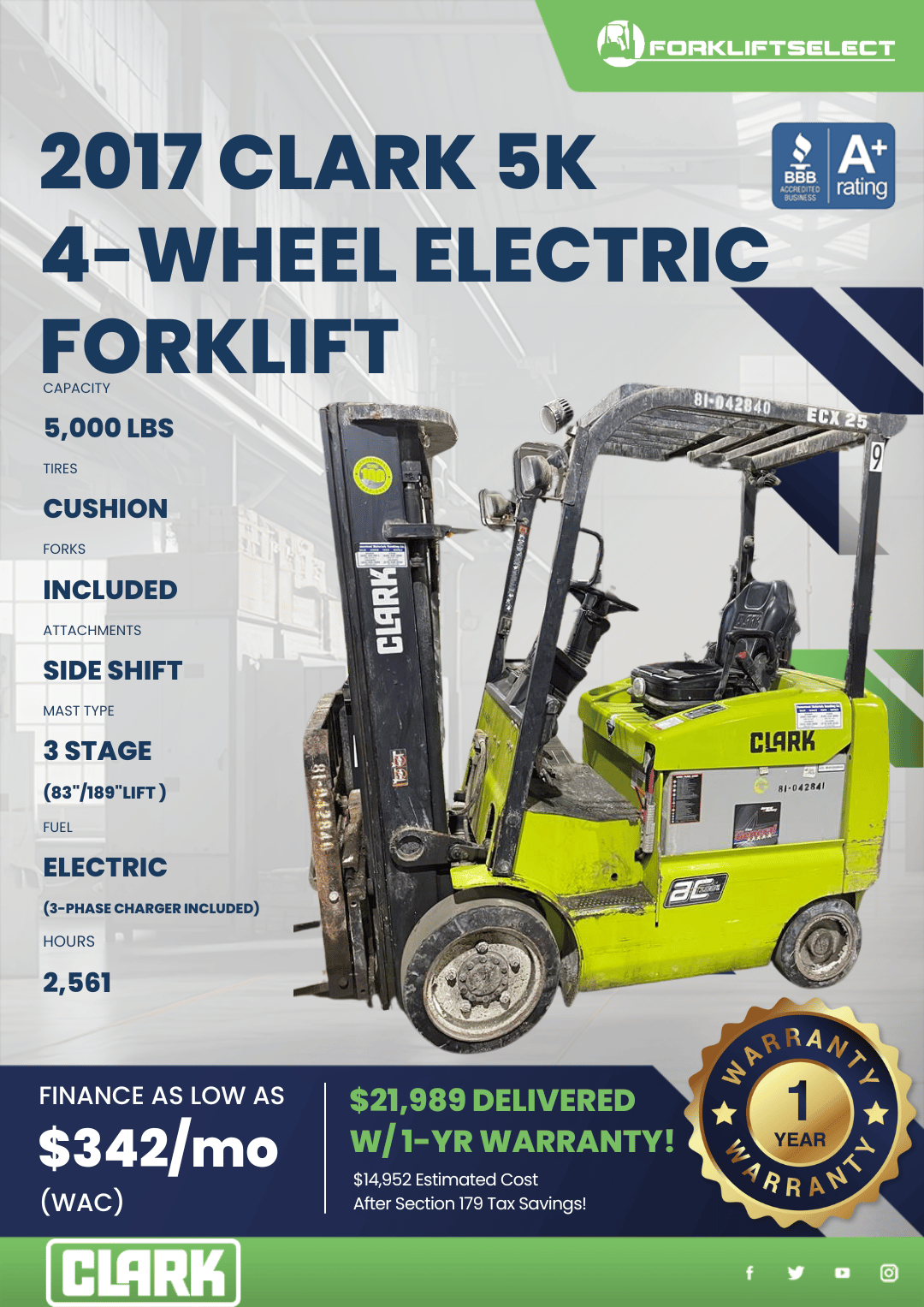 2017 CLARK 5K 4-WHEEL ELECTRIC FORKLIFT