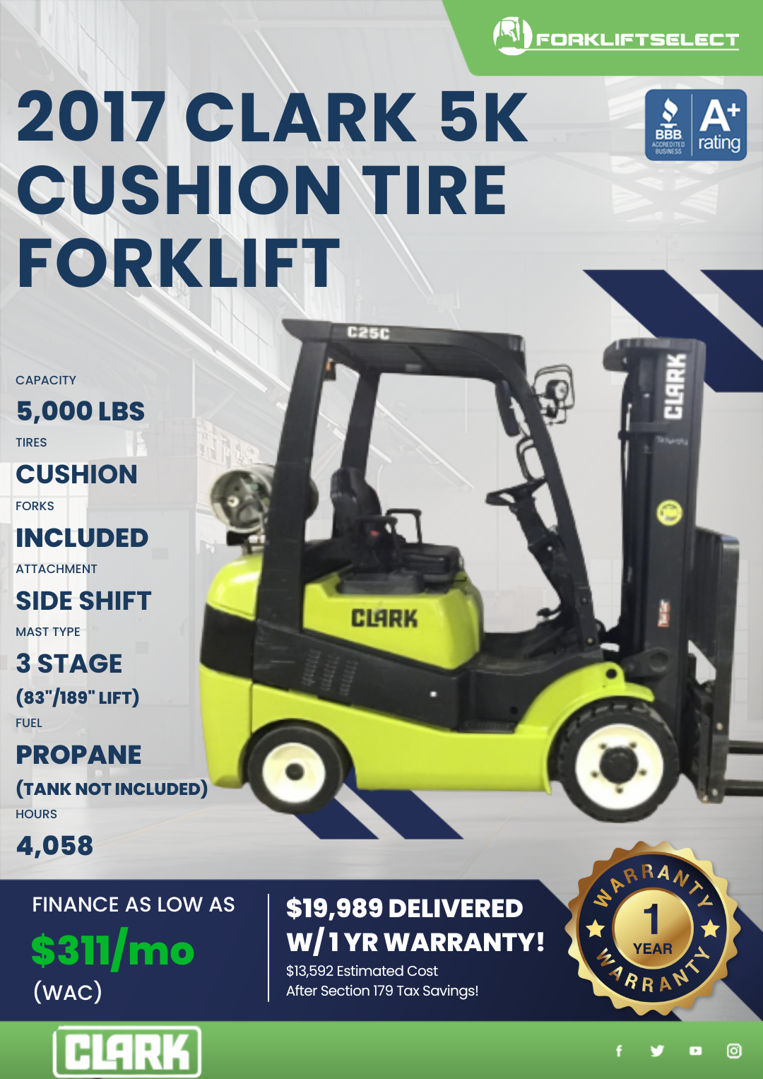 2017 CLARK 5K CUSHION TIRE FORKLIFT
