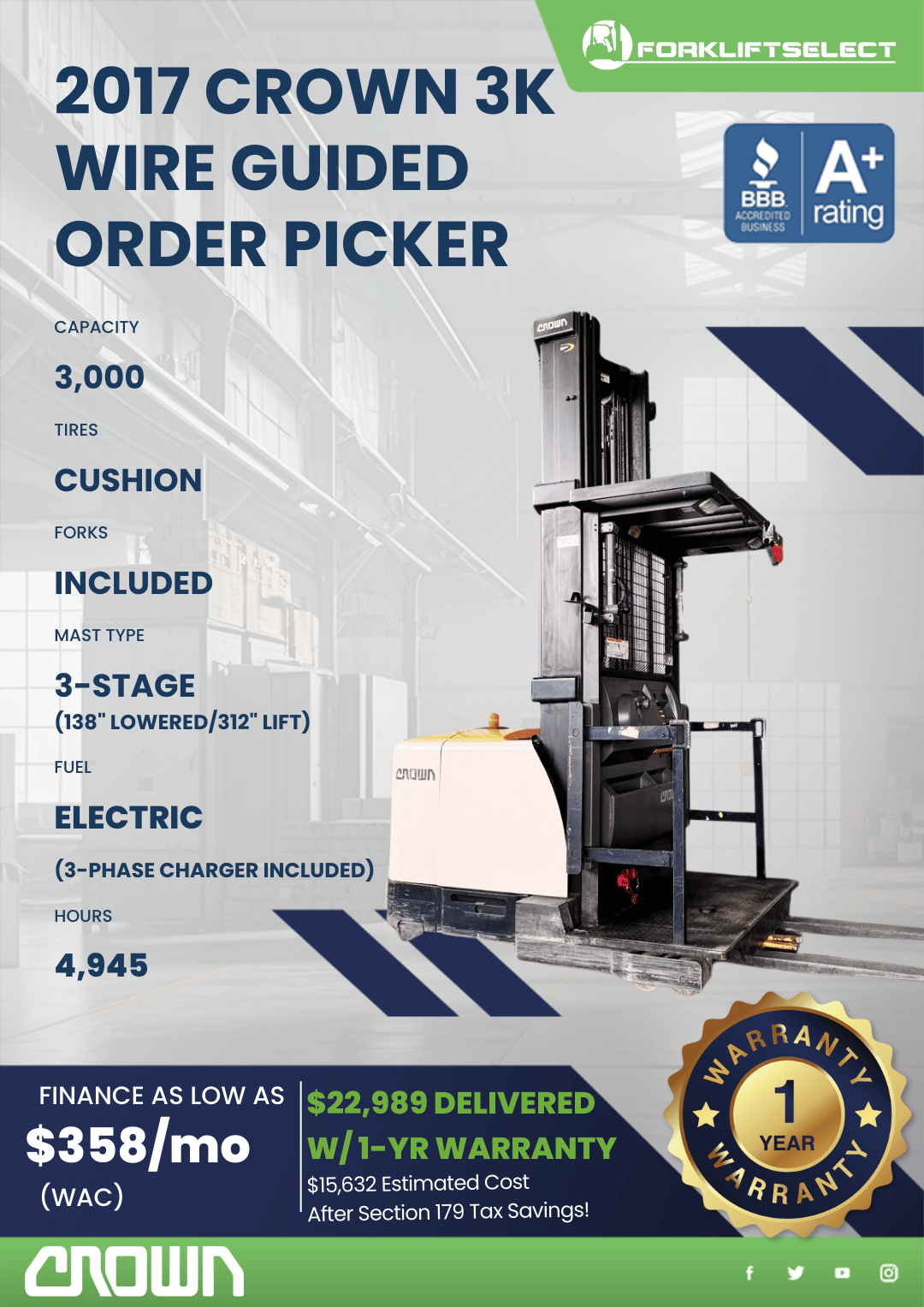 2017 CROWN 3K WIRE GUIDED ORDER PICKER